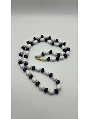 Blue & White Beaded Necklace With Gold Magnetic Clasp - Classic & Stylish 18" Je